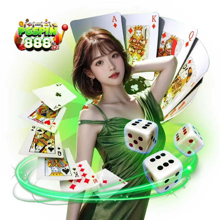ภาพโปรโมชั่นคาสิโนออนไลน์ PGSPIN888 ผู้หญิงชุดสีเขียวพร้อมไพ่และลูกเต๋า แสดงเกมไพ่ บาคาร่า สล็อต และเกมคาสิโนครบวงจร เหมาะสำหรับหน้าเว็บ pgspin888
