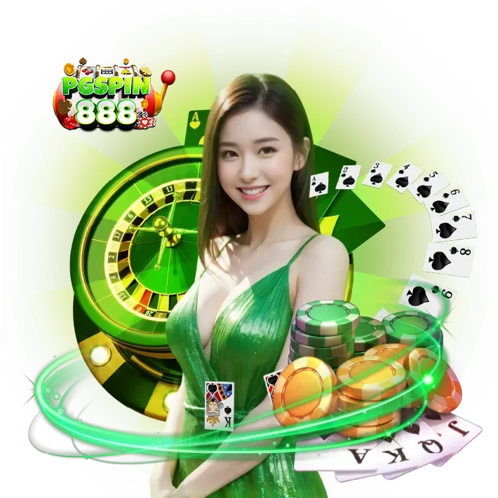 ภาพคาสิโนออนไลน์ PGSPIN888 ผู้หญิงชุดสีเขียวพร้อมวงล้อรูเล็ต ไพ่ และชิปคาสิโน แสดงเกมยอดนิยม เช่น รูเล็ต บาคาร่า และสล็อตออนไลน์ เหมาะสำหรับหน้าเว็บ pgspin888